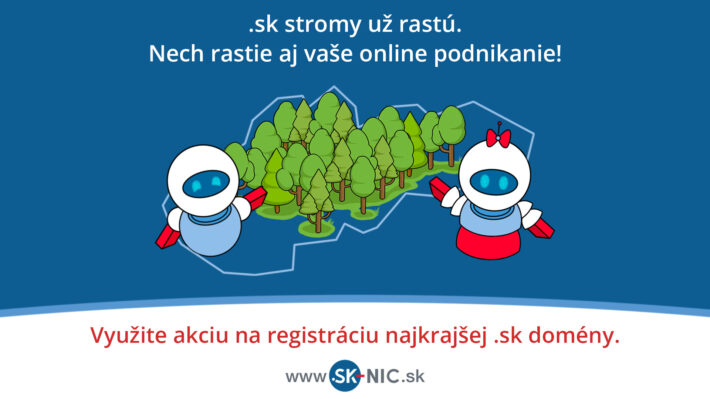 Dvaja kreslení roboti ukazujú na zalesnenú mapu Slovenska